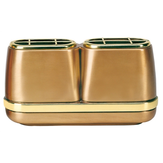 Immagine di Vaschetta portafiori doppia per lapide - Linea Cotile - Bronzo con fascia oro