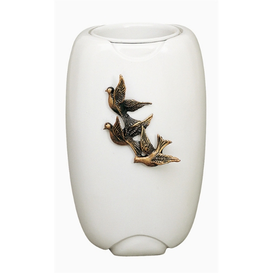 Immagine di Vaso portafiori per lapide - Linea Olpe bianco con colombe - Bronzo