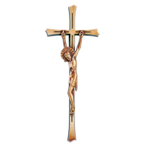 Imagen de Crucifijo de bronce sobre cruz con esquinas redondeadas de estilo moderno