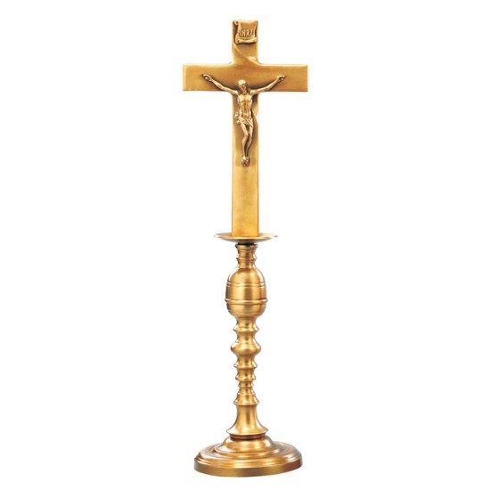 Imagen de Crucifijo en bronce pulido para capillas - Base soporte en forma de candelero