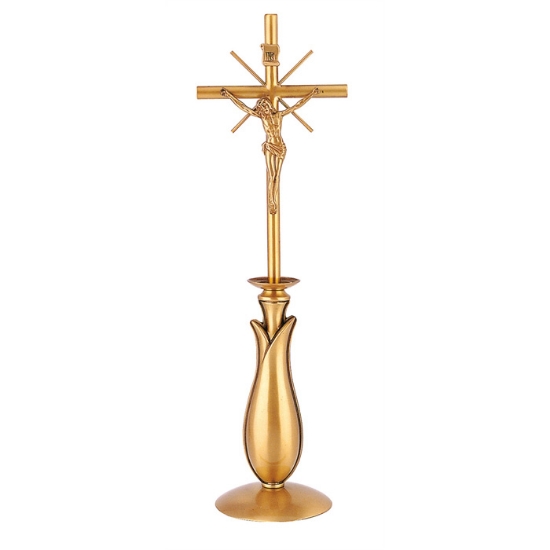 Picture of Polished bronze crucifix on cross - Cylindrical bars and candlestick-shaped base