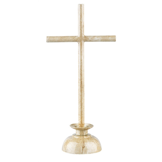 Image sur Croix en bronze - Finition marbre Botticino - Barres cylindriques sur socle petit chandelier