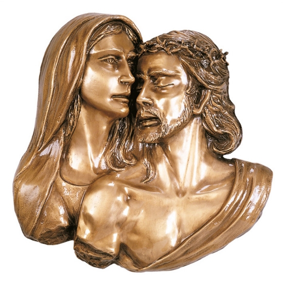 Immagine di Targa con bassorilievo in bronzo per lapide - Statua della Pietà a mezzo busto con volti ravvicinati