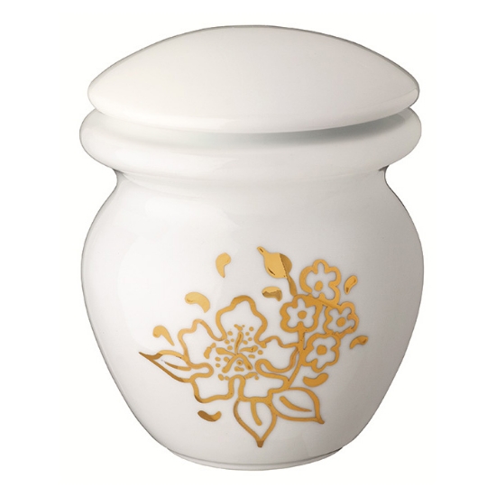Picture of Small cinerary urn for cremation ashes - white porcelain with golden flower decorations - Venere line