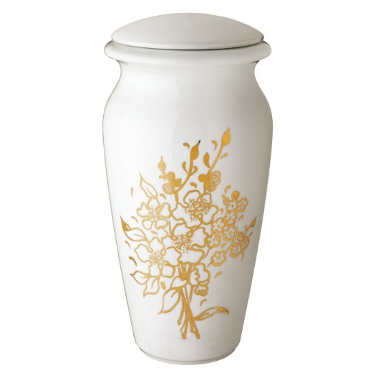 Picture of Cinerary urn for cremation ashes - white porcelain with golden flower decorations - Venere line