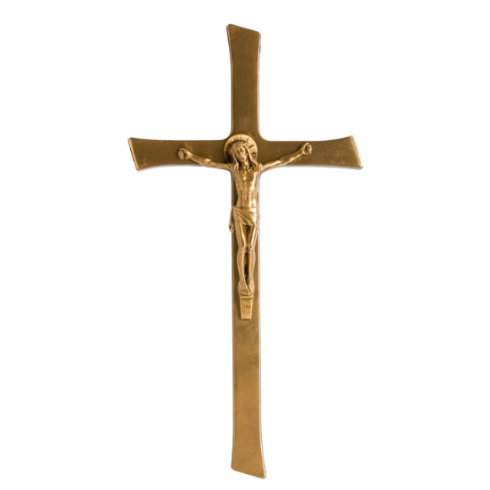 Immagine di Croce semplice in bronzo lucido con Crocifisso - Estremità taglio obliquo