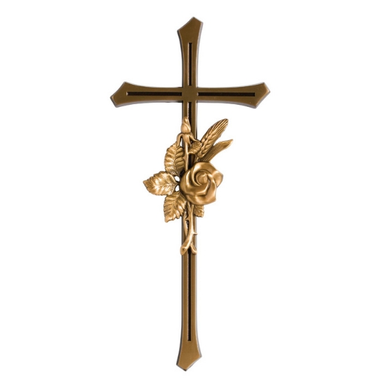 Image sur Croix en bronze poli aux coins arrondis et branche avec une rose