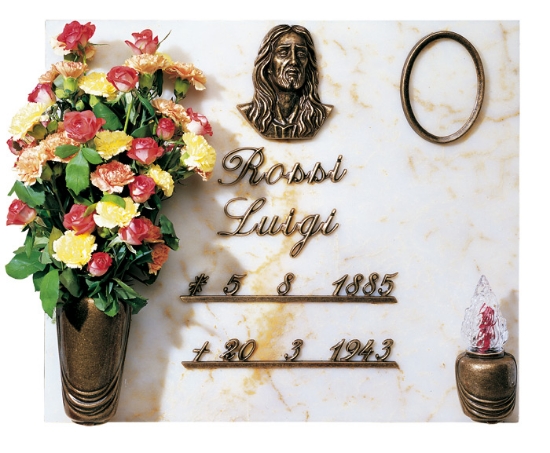Image sur Proposition de pierre tombale - Pelike Bronze Glitter Ligne - Vase à fleurs et lampe - Lettres italiques - Assiette Christ