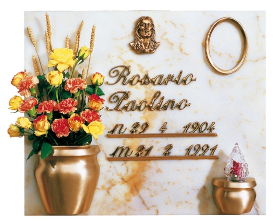 Image sur Proposition de pierre tombale - Ligne Giara bronze poli - Vase à fleurs et lampe votive - Assiette Jésus - Lettres italiques