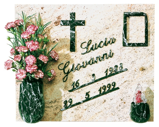 Immagine di Proposta Lapide - Linea Olla - Finitura marmo Verde Guatemala - Vaso portafiori lampada cornice e crocifisso - Lettere corsivo