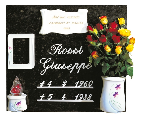 Picture of Tombstone Proposal - Idria Line Ceramismalt white - Iris Decoration - Vase flower vase frame with parchment and italic letters