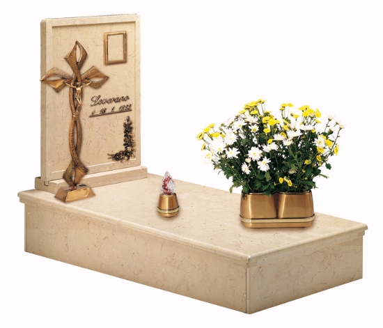 Imagen de Propuesta de tumba - Línea Cotile de bronce - Jardinera de flores y lámpara - Estatua de Crucifijo - Marco y decoración floral