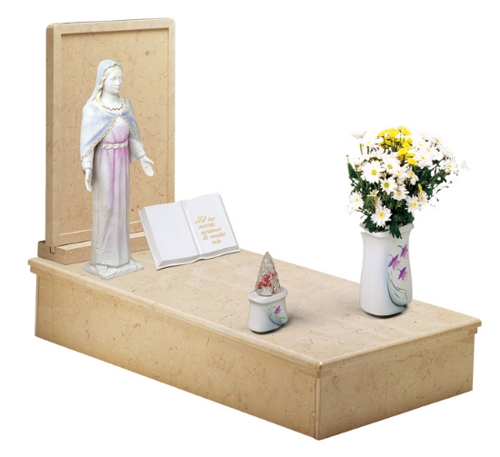 Image sur Proposition de tombeau au sol - Idria Blanc Iris Ligne - Livre commémoratif au sol avec gravure et statue de Madonna - Vase et lampadaire