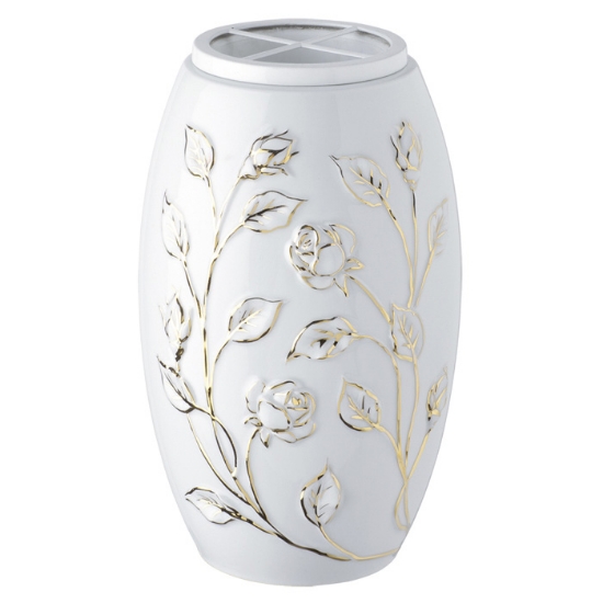Image sur Vase à fleurs pour pierre tombale - Ligne Branches de roses en fil d'or - Porcelaine