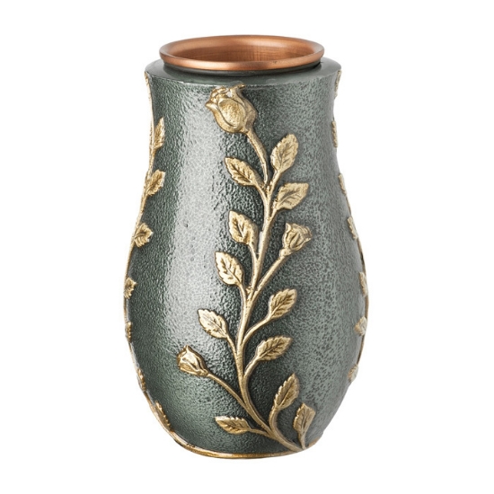 Imagen de Jarrón de flores para lápida - Línea Meg - Verde antiguo con adornos dorados - Moldura de concha de bronce