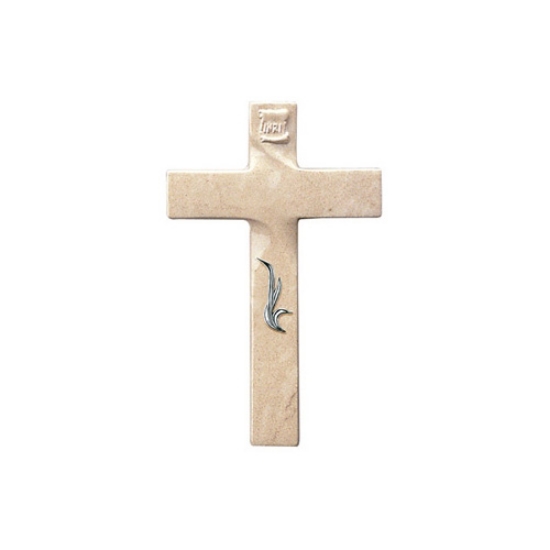 Immagine di Croce in bronzo con decorazione cromata e finitura marmo Botticino - Linea Olla Fela Cromo
