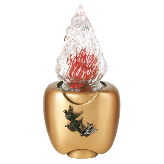 Immagine di Lampada votiva per lapidi per cinerari e ossari decorata con colombe - Linea Olpe Volo - Bronzo