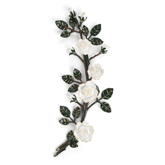Image sur Branche de roses décorative en bronze pour pierres tombales - Grande (côté droit) - Finitions de branches vertes et roses blanches