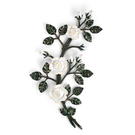 Image sur Branche de roses décorative en bronze pour pierres tombales - Moyen-grand (côté gauche) - Finitions de branches vertes et roses blanches
