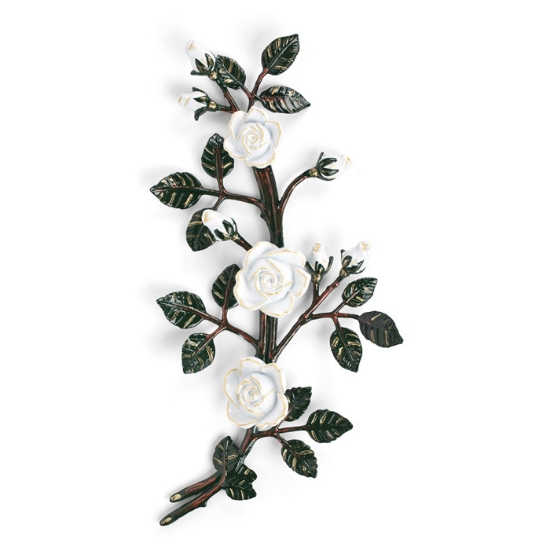 Immagine di Tralcio di rose decorativo in bronzo per lapidi - Medio-grande (lato destro) - Finitura tralci verdi rose bianche