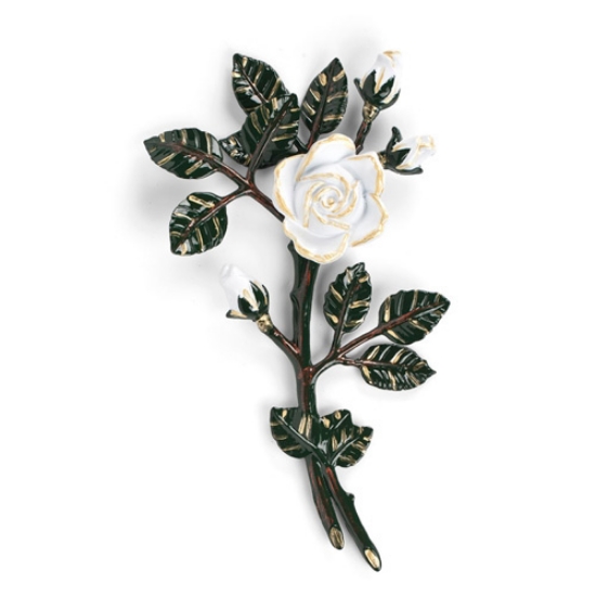 Image sur Branche de roses décorative en bronze pour pierres tombales - Moyenne-petite (côté gauche) - Finitions de branches vertes et roses blanches