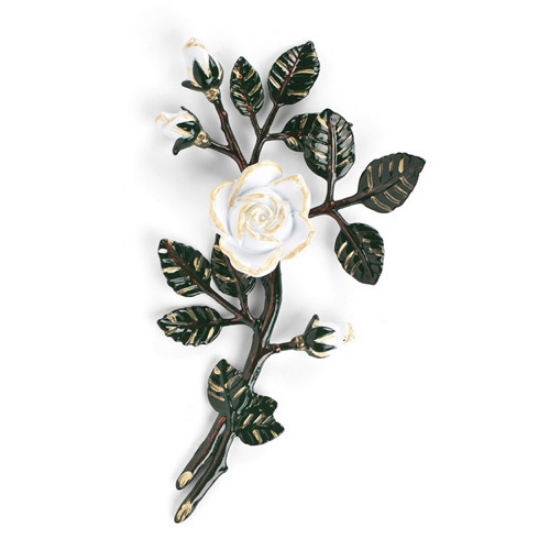 Immagine di Tralcio di rose decorativo in bronzo per lapidi - Medio-piccolo (lato destro) - Finitura tralci verdi rose bianche