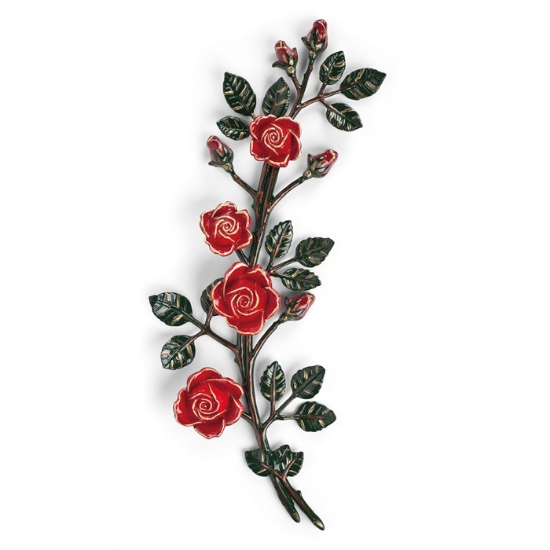 Image sur Branche de roses décorative en bronze pour pierres tombales - Grande (côté gauche) - Finition de branches vertes ed roses rouges