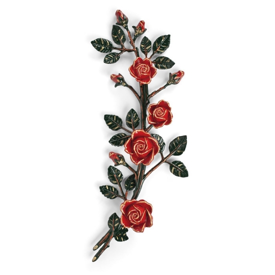 Image sur Branche de roses décorative en bronze pour pierres tombales - Grande (côté droit) - Finition de branches vertes ed roses rouges