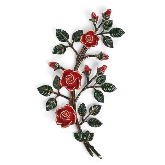 Immagine di Tralcio di rose decorativo in bronzo per lapidi - Medio-grande (lato sinistro) - Finitura tralci verdi rose rosse