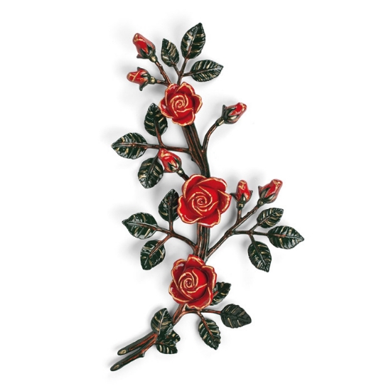 Image sur Branche de roses décorative en bronze pour pierres tombales - Moyen-grand (côté droit) - Finition de branches vertes ed roses rouges