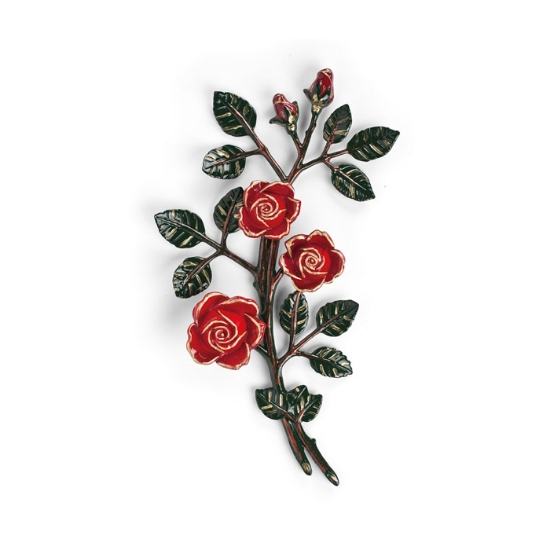 Immagine di Tralcio di rose decorativo in bronzo per lapidi - Medio (lato sinistro) - Finitura tralci verdi rose rosse