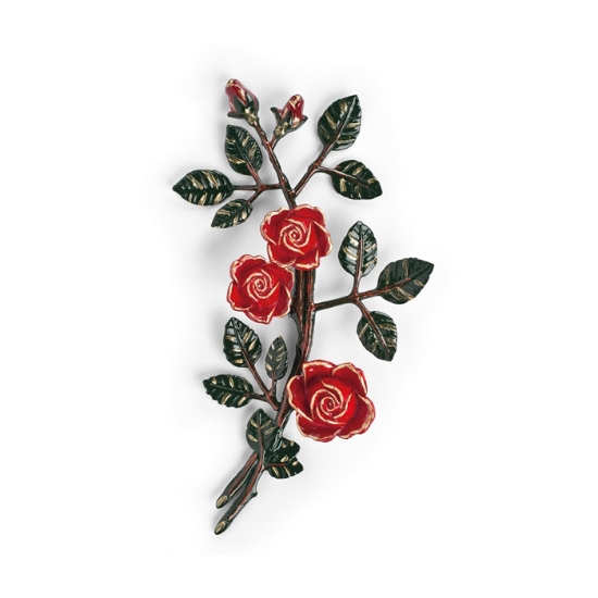 Image sur Branche de roses décorative en bronze pour pierres tombales - Moyenne (côté droit) - Finition de branches vertes ed roses rouges