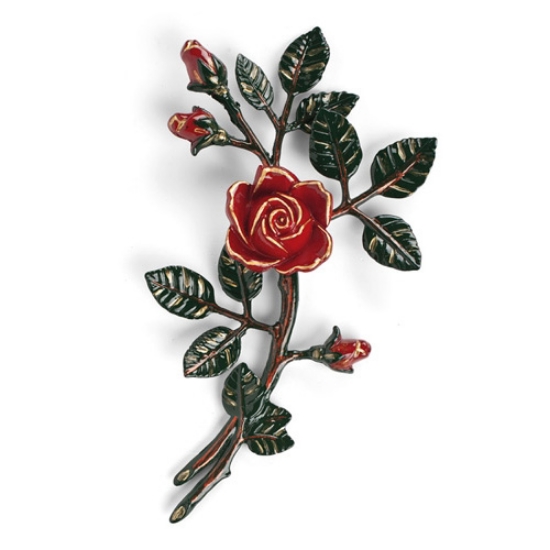Imagen de Rama de rosa decorativa de bronce para lápidas - medio-pequeño (lado derecho) - Acabado ramas verdes y rosas rojas