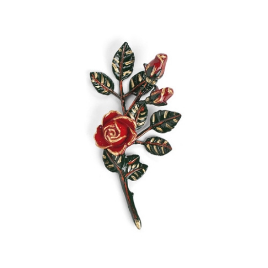 Image sur Branche de roses décorative en bronze pour pierres tombales - Petite (côté gauche) - Finition de branches vertes ed roses rouges